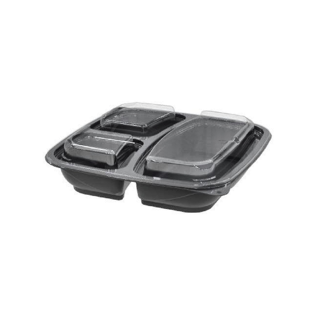 CONTENEDOR REUTILIZABLE RECTANGULAR 3 DIV PANDO NEGRO CON TAPA DP45100732399S CJ X 100UND